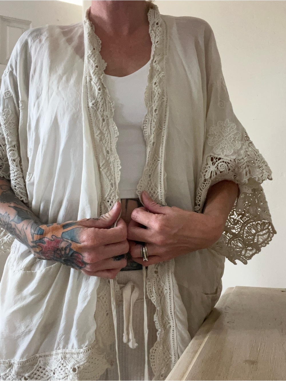 Johnny Was Cream Lace-Trim Blouse with Embroidered Tag